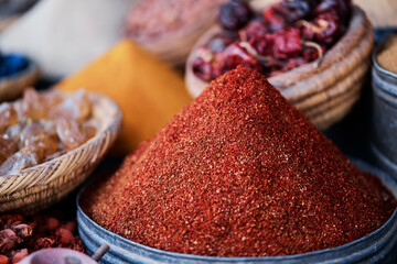 Exotic colorful spices on moroccan street market.
