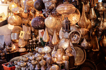 Copper souvenir handicraft shop in Morocco.
