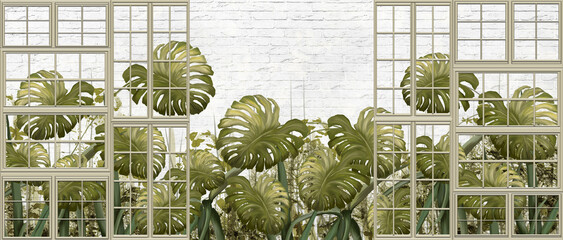 Fototapety  tropikalne liście na białej ścianie z cegły, baza tekstury, elementy okienne, fototapeta