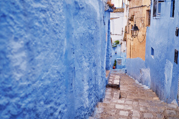 Travel by .Morocco. Street in medina of blue town Chefchaouen.