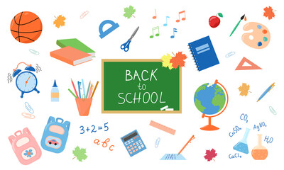 Big school set. Back to school inscription on chalkboard. Supplies collection. Education elements isolated on white background. Vector illustration