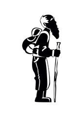 Vector grandfather forester man mushroom picker with stick outline silhouette