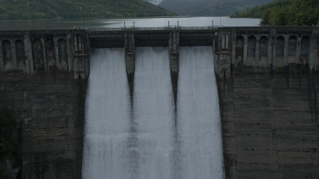 Aerial Drone Footage View Of Turano&rsquo;s lake, Dam, waterfall, in Rieti lazio Italy Europe // no video editing
