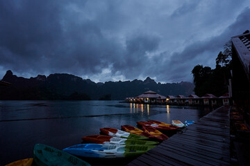 Bungalows on Cheow Lan Lake in Khao Sok National Park at night time, Surat Thani Province, Thailand.