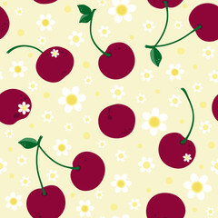 Burgundy cherries with green leaves on a pastel yellow background with flowers and dots. Polka dot, flowers, cherries. Stone berry cherry.