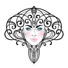 Tribal Fusion Boho Diva. Beautiful divine girl with ornate crown, art nouveau inspired. Bohemian goddess. Hand drawn elegant illustration. Lotus flower, ethnic art, patterned Indian paisley.