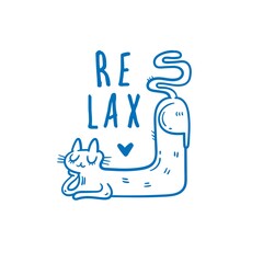 Card with  cute cartoon relax cat.  Funny doodle kitten. Vector contour image. Sleeping animal print.