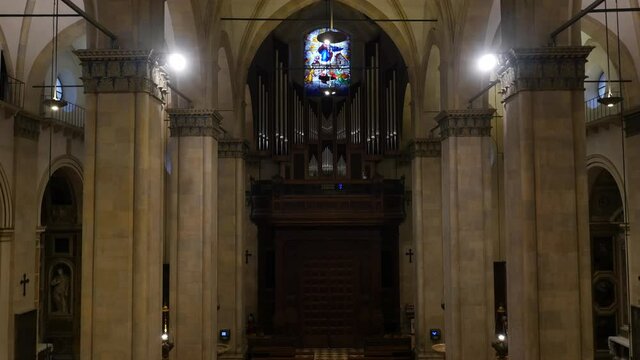 Aerial footage drone view Indoor of Fresco in Old Loreto Churc called basilica Della Santa Casa in Ancona Marche italy // no video editing
