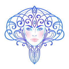 Tribal Fusion Boho Diva. Beautiful divine girl with ornate crown, art nouveau inspired. Bohemian goddess. Hand drawn elegant illustration. Lotus flower, ethnic art, patterned Indian paisley.