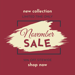 November Sale Poster on a Dark Red Background. Autumn Special Offer. Limited Time Only