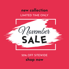 November Sale Poster on a Bright Red Background. Autumn Special Offer. Limited Time Only