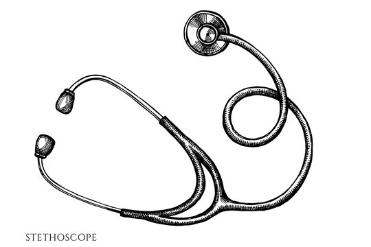 Vector set of hand drawn black and white stethoscope