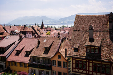 Obraz premium Tiled roofs of old town Rapperswil-Jona on Lake Zurich, Switzerland