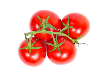 Fresh whole cherry tomato branch isolated on white background.