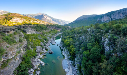 Fototapeta na wymiar View of The Moraca river valley among the rocky mountains, Montenegro