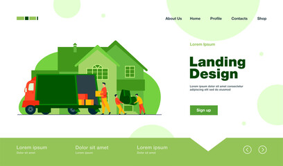 Loaders carrying armchair and boxes in new house. Belonging, van, worker flat vector illustration. Relocation or transportation concept for banner, website design or landing web page