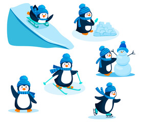 Activity in winter. Penguin vector illustration set. A collection of cartoon characters of a cute penguin. Go skating, skiing, sledding from the mountain. Make a snowman and a snow castle