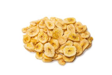 Banana chips isolated on a white background. Dehydrated banana.
