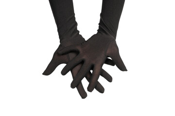 Woman in long black gloves wantingor asking for something isolated on a white background.