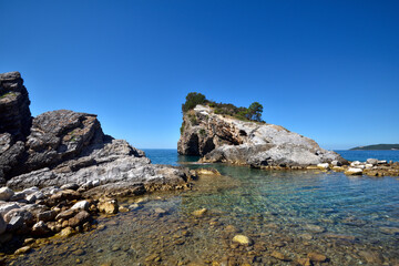 Picturesque rocks on the Sveti Nikola island. Montenegro, Adriatic sea, Europe