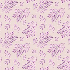 Watercolor background with leaves. Watercolor patern with branches and lilac leaves. Abstract leafy pattern. Design for textiles, stationery.