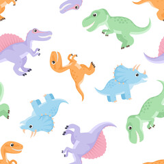 Seamless pattern with cute cartoon dinosaurs. Funny velociraptor, Tyrannosaurus, Triceratops, and Spinosaurus. Vector simple flat illustration. Children's background.