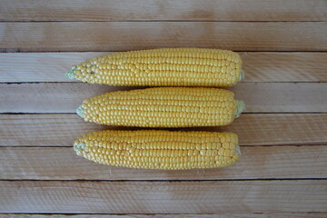 Cobs of fresh young corn on wooden background