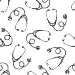 Seamless pattern with black and white stethoscope