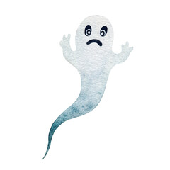 Funny scary ghost watercolor illustration. Spooky phantom cartoon element. Hand drawn halloween spirit traditional horror symbol. Spooky cute ghost on white background