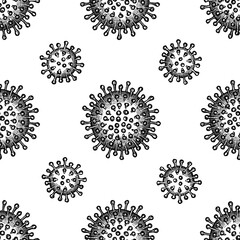 Seamless pattern with black and white coronavirus bacteria cell