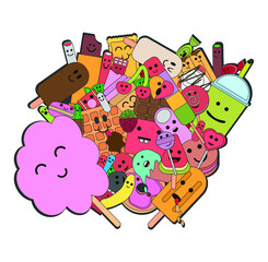 Fototapeta premium Doodle background of delicious sweet candies, ice creams, cakes.