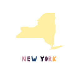 New York map isolated. USA collection. Map of New York - yellow silhouette. Doodling style lettering on white