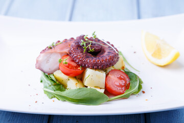 Warm salad with octopus, potatoes, cherry tomatoes, arugula, microgreens and lemon on a white plate. A traditional dish. Close-up, blue background.