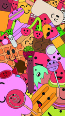 Doodle background of delicious sweet candies, ice creams, cakes.