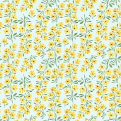 Watercolor background with yellow flowers. Watercolor pattern with branches of wildflowers. Abstract floral pattern. Design for textiles, stationery.