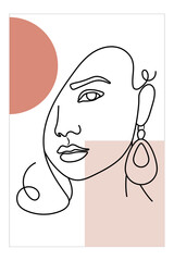Linear illustration. Silhouette of a woman's face on a light background. Bright geometric shapes
