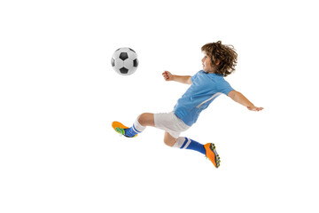 Little boy, football soccer player in action, motion training isolated on white studio background....