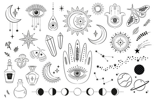 Vector set of mystical magic symbols. Spiritual occultism hand drawn line objects with sun, moon, stars, eyes, sunburst, tribal. 