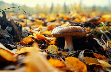 Bolete forest mushroom in fall season.