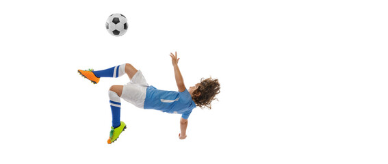 Flyer. Little boy, football soccer player in action, motion training isolated on white studio background. Concept of sport, game, hobby