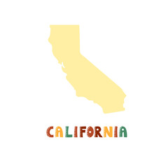 California map isolated. USA collection. Map of California - yellow silhouette. Doodling style lettering on white