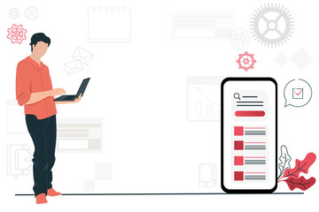 A man with a laptop and a telephone. Flat illustration in red and gray colors. Correspondence manager. There is room for text in the middle
