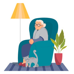 An old granny sleeps in an armchair. An elderly woman wearing glasses sits at home with a cat in a cozy home. Vector illustration in flat style