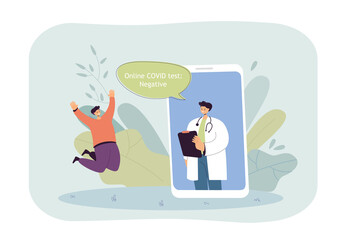 Doctor on phone screen telling patient results of covid test. Man happy to have negative coronavirus test result flat vector illustration. Health, vaccination, medicine concept