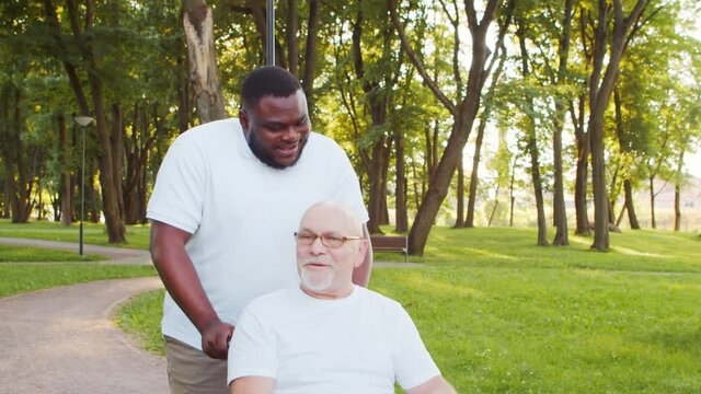 African-American caregiver and old disabled man in a wheelchair. Professional nurse and handicapped patient in the park. Assistance, rehabilitation and health care.