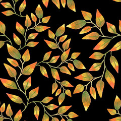 Holiday postcard, seamless pattern with green and orange leaves, branches on black background, spring frame, texture wallpaper, textile