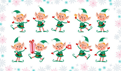 Set of different cute little Santa elves characters isolated. Elf carry gift box, drink hot chocolate, jump, wink, smile. Vector flat cartoon illustration. For Christmas card, pattern, banner, sticker - obrazy, fototapety, plakaty
