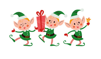 Set of different cute little Santa elves characters with gift box, ring bell, dance isolated. Vector flat cartoon illustration. For Christmas cards, patterns, banners, stickers. - obrazy, fototapety, plakaty