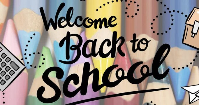 Animation of back to school text and school items icons over crayons