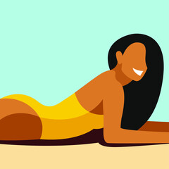 vector flat design illustration on the theme of summer holidays.beautiful young tanned girl in a yellow swimsuit sunbathes on the beach.useful for advertising summer vacation, resorts, hotels, beaches